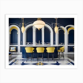 A Stylish Kitchen With A Blue And Gold Color Scheme Art Print