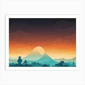 Japanese Mountain Landscape With Silhouette Of Man Tranquil Nature Scene Art Print