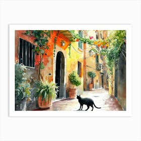 Black Cat In Palermo, Italy, Street Art Watercolour Painting 1 Art Print