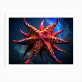 Red Starfish On A Blue Swirling Background Art Print