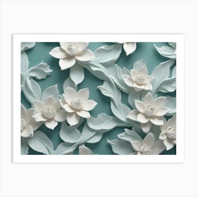 3d Render Of Elegant, White Flowers And Leaves In A Seamless Pattern On A Teal Background, Ideal For A Sophisticated And Stylish Design Art Print