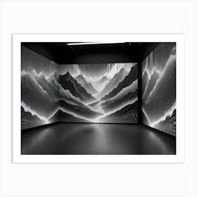 An Empty, Futuristic Room With Three Large Screens Displaying A Digital Artwork Of A Mountain Range With A River Flowing Through It Art Print