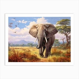 African Elephant In The Savannah Painting 1 Art Print