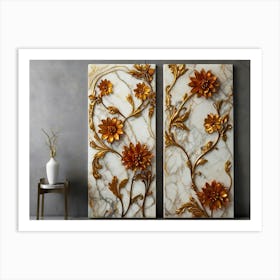 Two Gold Flowers On A Marble Wall Art Print