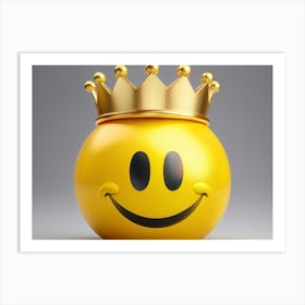 Smiley Face Emoji Adorned With A Gold Crown 3d Representation Set Against A Matte Gray Backdrop C Art Print