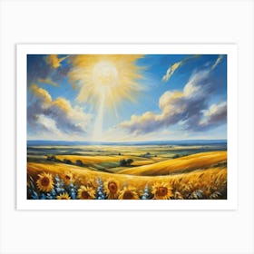 A Sun Drenched Pastoral Scene Unfolds Featuring Towering Sunflowers Reaching For The Bright Golden Art Print