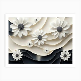 3d Look White and Black Circle with White Flower Art Print