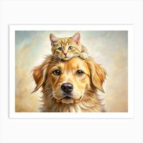 Golden Retriever Dog With Kitten On Head Art Print