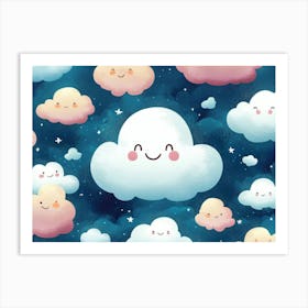 Seamless Cartoon Clouds Pattern, Textured Background Illustration 1 Art Print