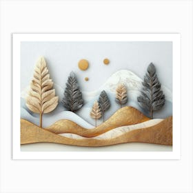 3d Jungle Landscape, Forest Christmas Tree, Marble Golden Mountain Art Print