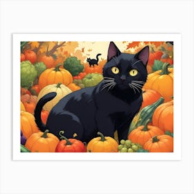 Black Cat Sitting In A Pile Of Pumpkins Autumn Scene Art Print