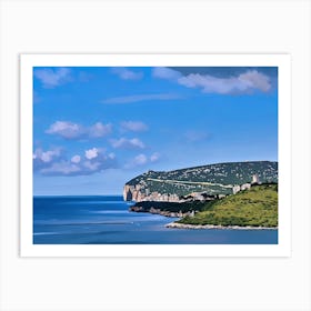 Capo Caccia Sardinia. Stylized painting of a coastal scene with a steep hill or cliff meeting the sea, covered in greenery, and a clear blue sky with a scattering of clouds. Art Print