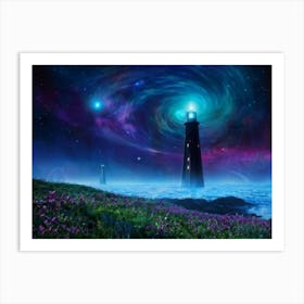 Venusian Landscape Featuring Towering Black Lighthouses Jutting From Swirling Cosmic Oceans Intense Art Print