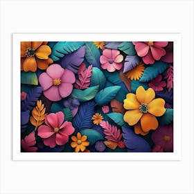 A Vibrant 3d Art Featuring Colorful Flowers And Leaves, With A Floral Art Print