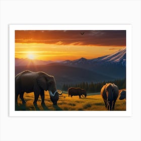 Sunset With Elephants Art Print