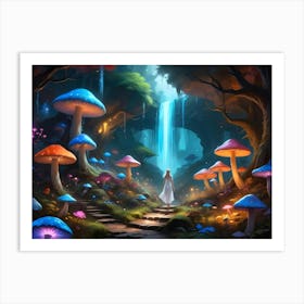 Woman Walking Through A Mystical Forest With Glowing Mushrooms And A Waterfall 9 Art Print