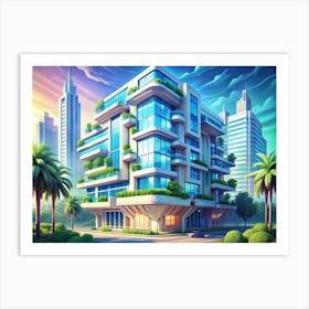 Modern Apartment Building With Green Plants And A Car Art Print