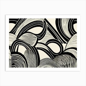 Retro Inspired Linocut Abstract Shapes Black And White Colors art, 187 Art Print