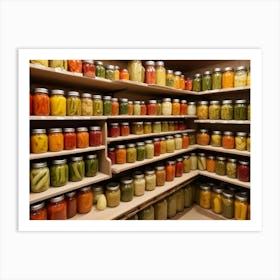 Jars Of Pickled Vegetables Organized On Wooden Shelves Art Print