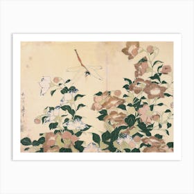 Hokusai Dragonfly And Flowers Art Print