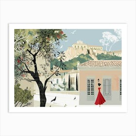 Woman with red dress in Athens Greece Art Print