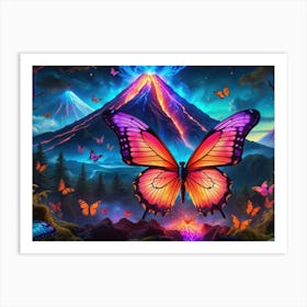 Colorful butterfly flying near an ethereal volcano Affiche