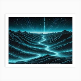 Surreal, Digital Mountain Landscape With A Winding Path Of Bright, Blue Glowing Light Cutting Through Mountains Against A Starry Sky Art Print