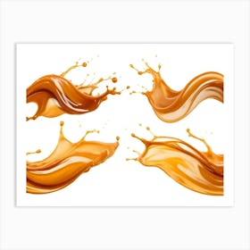 A Set Of Four Splashes Of Caramel Or Coffee, Isolated On A White Background Art Print