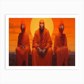 Three Red Hens In Front Of An Orange Sky In The Style 1 Art Print