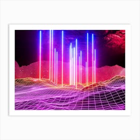 Neon space landscape: Rays [synthwave/vaporwave/cyberpunk] — aesthetic retrowave neon poster Art Print