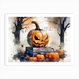 Sdxl 09 Halloween Pumpkin In Front Of Cemetery Double Exposure 1 Art Print