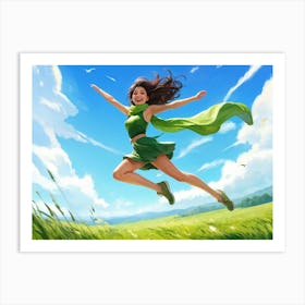 Digital Painting Of A Joyful Young Woman In Mid Jump Clad In Vibrant Green Sportswear Her Slim Fig Poster