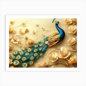 3d Peacock Illustration Background With Golden Jewelry And Flowers 2 Art Print