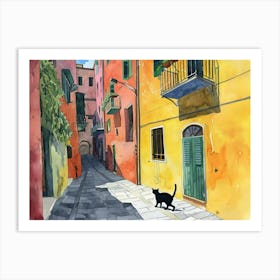 Black Cat In Salerno, Italy, Street Art Watercolour Painting 3 Art Print