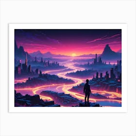 A Futuristic Cityscape With A Lone Figure Standing On A Hilltop Overlooking The City Art Print