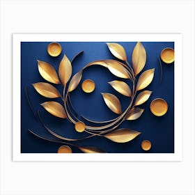 Golden Leaves On A Blue Background Art Print