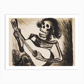 Skeleton 'Calavera' Playing Guitar - 1938 Vintage Sketch by Mexican Graphic Designer Leopoldo Mendez - Witchy Gothic Funny Cool Skull Art Witchcore Dark Aesthetic Remastered High Definition Collectable Gallery 1 Art Print