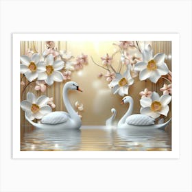 3D Swan With Flowers in lake Art Print