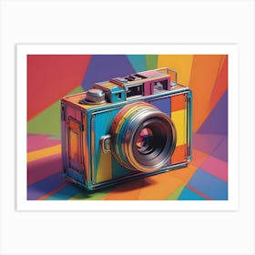 A Colorful, Retro Style Camera, With A Shiny, Metallic Finish And A Rainbow Colored Design Art Print