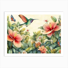 Vintage Tropical Background With Protea, Hibiscus Flowers, Leaves, Hummingbirds, Butterflies 1 Art Print