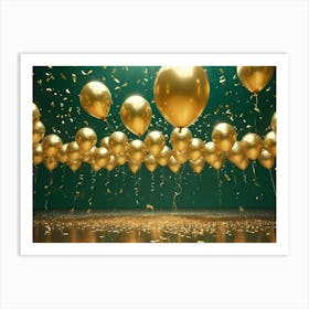 Rows Of Shiny, Gold Balloons Float Against A Green Background With Falling Confetti And A Reflective Surface Below Art Print