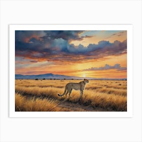 Endless Horizons: The African Savannah Cheetah At Sunset Art Print