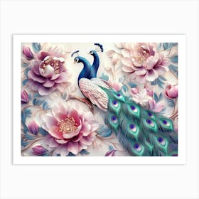 3d Flowers and Peacocks Illustration Background, 3d Abstraction Art Print