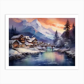 Winter Village By The River Art Print