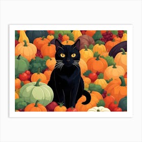 Black Cat Sitting In A Pile Of Pumpkins Art Print