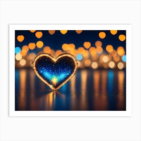 A Glowing Golden Heart With A Starry Interior, Resting On A Reflective Surface With Blurred Orange And Blue Bokeh Lights In The Background Art Print