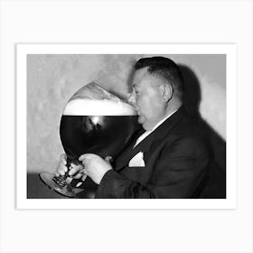 Man Drinking From Giant Beer Glass, Bar Cart Decor, Vintage Black and White Old Photo Art Print