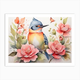 Vintage Bird With Roses Art Print