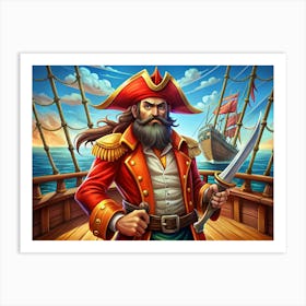 Pirate Captain With Red Coat And Sword On A Ship Deck Art Print