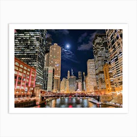 Moon Over The Chicago River Art Print